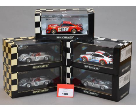 Minichamps. Five  Porsche diecast model cars in 1:43 scale including three 718 RS60 and two 934 variants. All of the models a