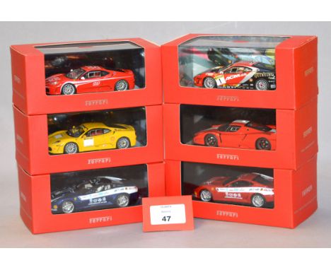 Six boxed IXO diecast model Ferrari cars in 1:43 scale including F430, F599 and FXX variants together with a Ferrari F430 Cha