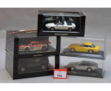 Minichamps. Five Lamborghini diecast model cars in 1:43 scale including Islero, Jarama, Silhouette, LM002 and Gallardo varian