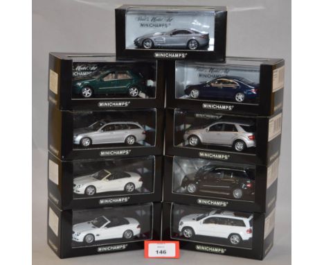 Minichamps. Nine Mercedes Benz diecast model cars in 1:43 scale, including  two ML63 AMG, SLR McLaren, M class, E class T mod