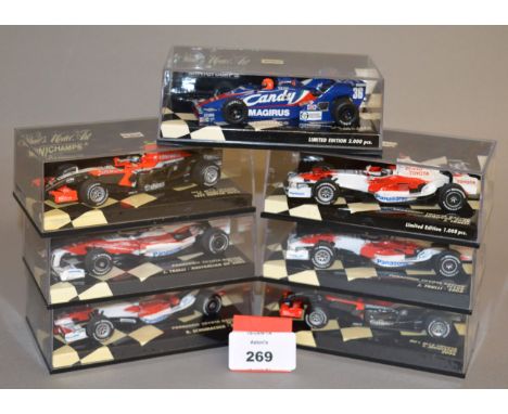 Minichamps. Seven diecast Toyota model Racing Cars in 1:43 scale including TF 108, TF 109  and TG 183 variants. Two of the mo