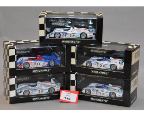 Minichamps. Five Audi R8 diecast model cars in 1:43 scale. Three of the models are limited editions. All  are boxed and E. (5