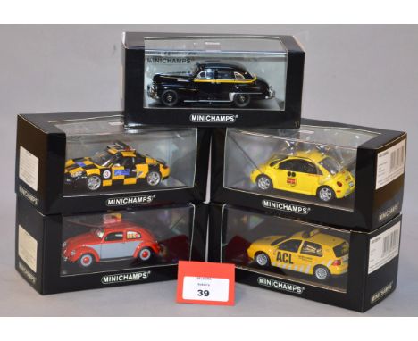 Minichamps. Five diecast model cars in 1:43 scale including a 1951 Opel Kapitan Taxi, a 1951 VW1200 Export 'Sinalco', a Hanov