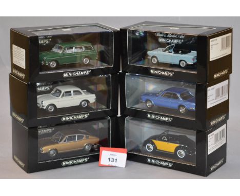 Minichamps. Three VW diecast model cars in 1:43 scale, Cabriolet, 1600 and 1600 Variant models together with a BMW 700 Cabrio