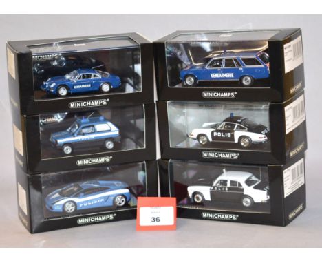 Minichamps. Six diecast 'Police' model cars, from various different countries, in 1:43 scale including Porsche, Volvo, Fiat, 