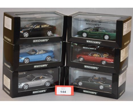 Minichamps. Six Jaguar diecast model cars in 1:43 scale, including XF, XK Convertible, XK Coupe, XJ220, XJ12 Coupe Series III