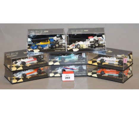 Minichamps. Eight diecast F1 model cars in 1:43 scale together including March Ford 751 L. Lombardi Spanish GP 1975 and a For