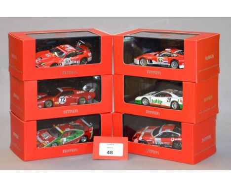 Six boxed IXO diecast model Ferrari cars in 1:43 scale including F40, 550 and 575GTC variants together with a Ferrari BB512 #