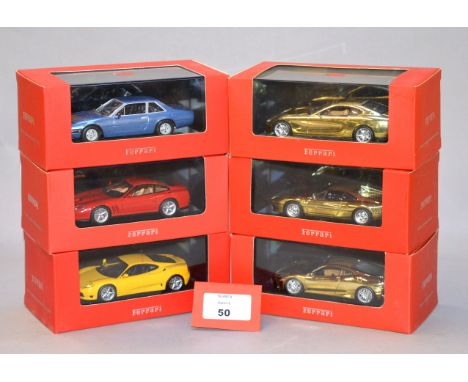 Six boxed IXO diecast model Ferrari cars in 1:43 scale including 360, 365 GT4 2+2 and 575M variants together with three limit