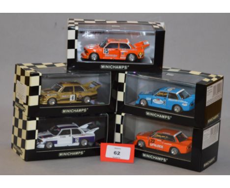 Minichamps. Five BMW 320i diecast model cars in 1:43 scale  including 400 772308 (L.Ed. 3072), 400 772323 (L.Ed. 1104), 400 7