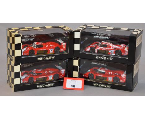 Minichamps. Four Toyota GT-One diecast model cars in 1:43 scale  including 430 991601, 430 991602, 430 991603 and 430 981629 