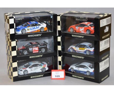 Minichamps. Six Opel V8 Coupe diecast model cars in 1:43 scale, DTM 2000, 2001 and 2004. Four of the models are limited editi