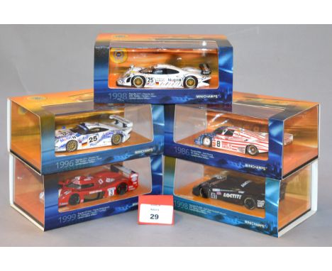 Minichamps. Five 'Le Mans 100 Years' diecast model cars in 1:43 scale including two Porsche GT1 models, a 956L, a Toyota GT O