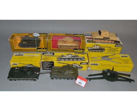Six boxed Solido diecast Military Vehicle models  including #236 Panther Model G Tank, #204 105mm Anti-Aircraft Gun  and a #2