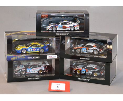 Minichamps. Five 1:43 scale diecast model cars, all 24 hour race related: 437 086121 Porsche 997 24h Nurburgring 2008; 437 08