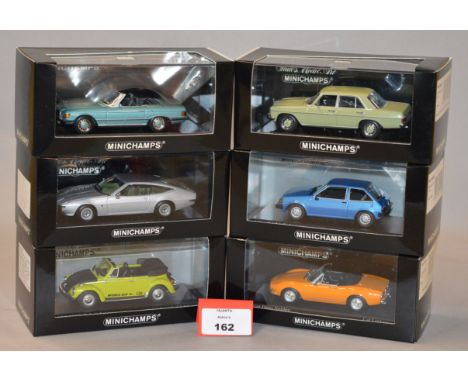 Minichamps. Six diecast model cars in 1:43 scale including Mercedes Benz 240D and 350SL variants, Bitter CD, VW 1303 Cabriole