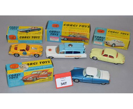 Three boxed Corgi Toys, 208S in pale lemon, F/G with chipping  in G+ blue and yellow box with Corgi Model Club slip, 259 Le D