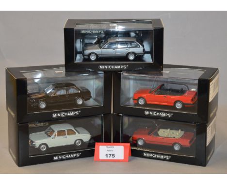 Minichamps. Five BMW diecast model cars in 1:43 scale including 320i Touring, Cabriolet and Saloon versions, M3 Cabriolet and