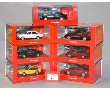 Minichamps. Seven diecast models in 1:43 scale  from the 'Le Glorie della Alfa Romeo Collection' including a 1972 Montreal, 1