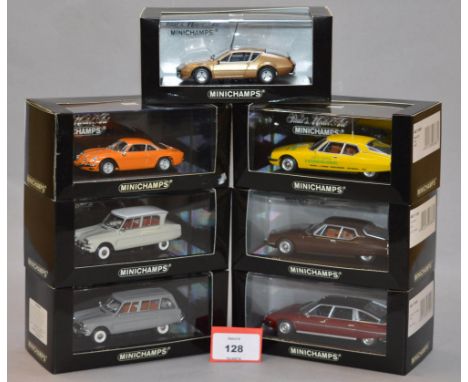 Minichamps.  Five Citroen diecast model cars in 1:43 scale, including Ami 6, SM and CX Prestige variants together with two Re