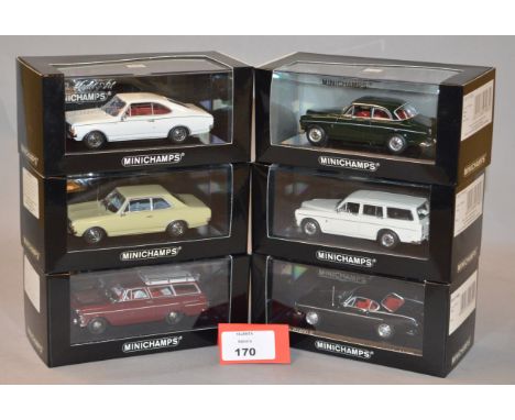 Minichamps. Three Opel Rekord diecast model cars in 1:43 scale, Saloon, Coupe and Caravan versions together with three Volvo 