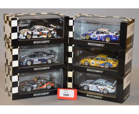 Minichamps. Six Porsche 911 GT3 RS diecast model cars in 1:43 scale. Five of the models are limited editions. All are boxed a