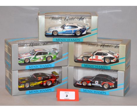 Minichamps. Five 1:43 scale Ford Capri Gr. 5 diecast model cars: 430 818502 Wurth 1981 K. Ludwig; 430 808501 Kraus Hi-Fi 1980