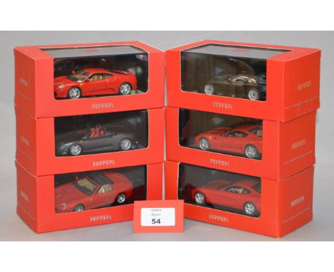 Six boxed IXO diecast model Ferrari cars in 1:43 scale including F430 and F430 Spider (2005), 575 Super America 2005, 599 GTB