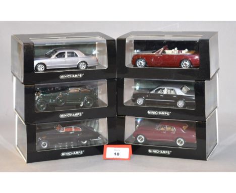 Minichamps. Five Bentley diecast model cars in 1:43 scale including a 1930 Gurney Nutting 6.5l Saloon, a 1954 R-type Continen