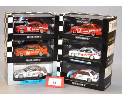 Minichamps. Six BMW M3 diecast model race cars in 1:43 scale including DTM 1988 Tauber Motorsport and Calder WTC 1987 Class W