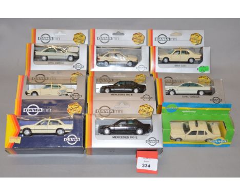 Nine boxed Gama diecast taxi models in 1:43 scale, overall appear VG in G+/VG boxes.  (9)