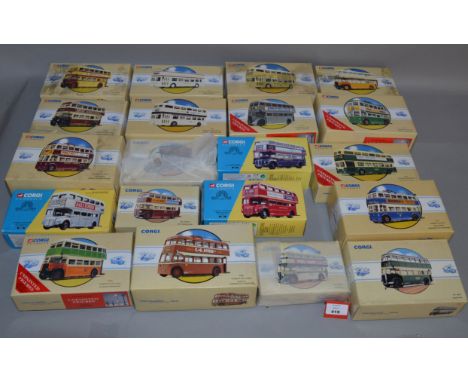 21 x Corgi diecast model double decker buses. Mostly VG, but some boxes in need of cleaning.