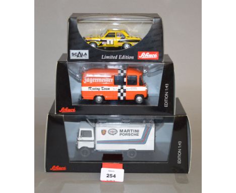 Three boxed Schuco diecast models in 1:43 scale, 03520 Meercedes Benz LP 608 Kaffer-LKW 'Martini Racing' and 74-P-01 Opel Asc