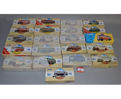 21 x Corgi diecast model coaches. Boxed and appear VG, some boxes in need of cleaning.