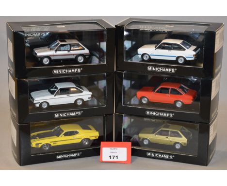 Minichamps. Six Ford diecast model cars in 1:43 scale including Fiesta, XR2, Escort, Escort RS1800 and RS2000 versions and a 