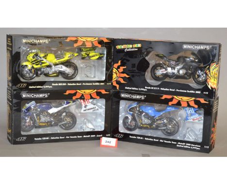 Minichamps. Four Valentino Rossi diecast Motorbike models in 1:12 scale, including two Honda machines, an RC211V Pre-Season T