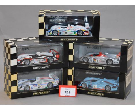Minichamps. Five Audi R8 diecast model cars in 1:43 scale. Four of the models are limited editions. All  are boxed and E. (5)