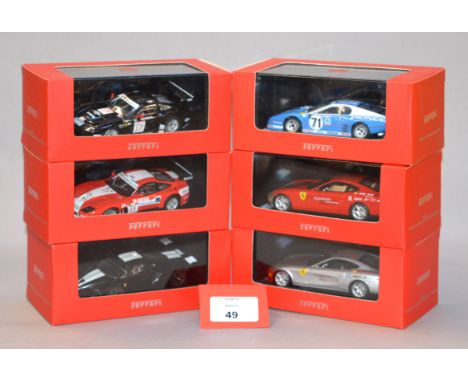 Six boxed IXO diecast model Ferrari cars in 1:43 scale including BB512, 612 and 575M variants together with a Ferrari FXX Fio