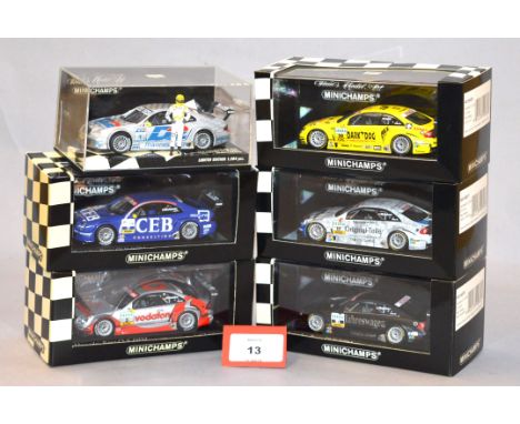 Minichamps. Six Mercedes Benz CLK Coupe diecast model race cars in 1:43 scale including DTM 2004 Team Rosberg Jaroslav Janis 