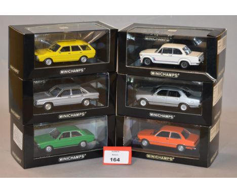 Minichamps. Six diecast model cars in 1:43 scale including VW Passat Variant, Audi 80 GT and 100  together with BMW 3 series,