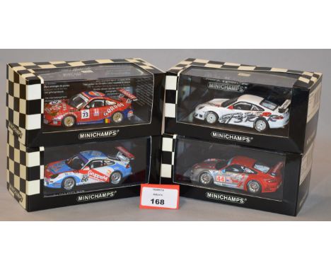 Minichamps. Four Porsche 911 GT3 RSR diecast model cars in 1:43 scale. All of the models are limited editions, boxed and E. (