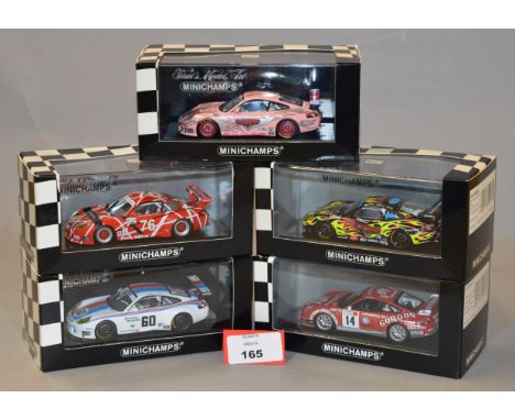 Minichamps. Five Porsche 911 GT3 RS diecast model cars in 1:43 scale. All of the models are limited editions, boxed and E. (5