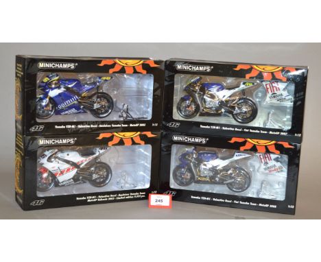 Minichamps. Four Yamaha YZR-M1 Valentino Rossi diecast Motorbike models in 1:12 scale, Fiat Yamaha Team 2007 and 2008 togethe