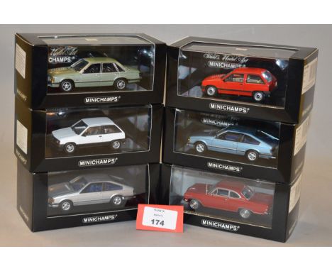 Minichamps. Six Opel diecast model cars in 1:43 scale including Senator, Corsa SR, Monza, Corsa and Rekord Coupe variants. Al