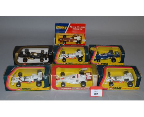 Six boxed Corgi Toys diecast model Racing Cars, 3x 151, 154, 156 and 158 together with a Dinky 226 Ferrari 312 B2 Racing Car,