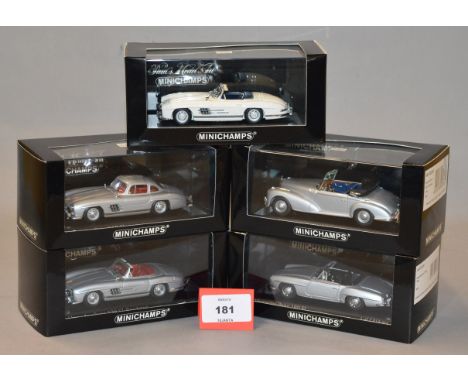 Minichamps. Five Mercedes Benz diecast model cars in 1:43 scale including 190SL, 300S Cabriolet and 300SL Saloon and Roadster