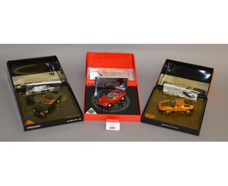 Minichamps. Three diecast models in 1:43 scale, a Mercedes Benz CIII/II, an Iso Grifo 7 Litri 1968 and a Tipo 33 Stradale 196