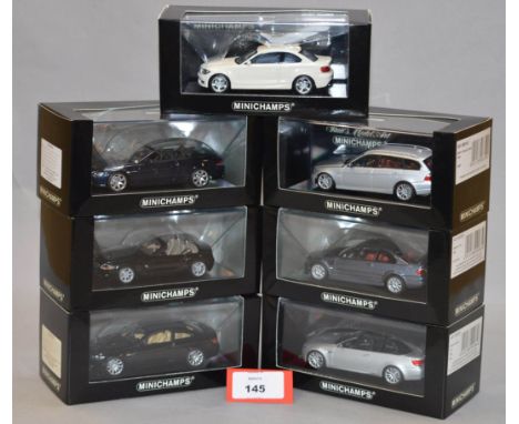 Minichamps. Seven BMW diecast model cars in 1:43 scale, including 1er Coupe, 6er Cabrio, Z4,  two M3 Coupe, 3-series Touring 