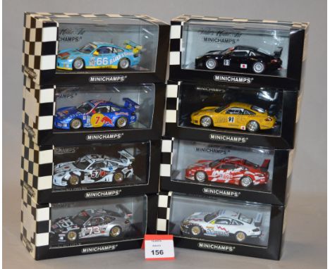 Minichamps. Eight Porsche 911 GT3 R and RS diecast model cars in 1:43 scale. All of the models are limited editions, boxed an