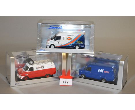 Three boxed Spark Minimax Ford Transit resin models in 1:43 scale, S0276 'elf Tyrell' 1974, S0275 'Firestone' 1972 and S0284 